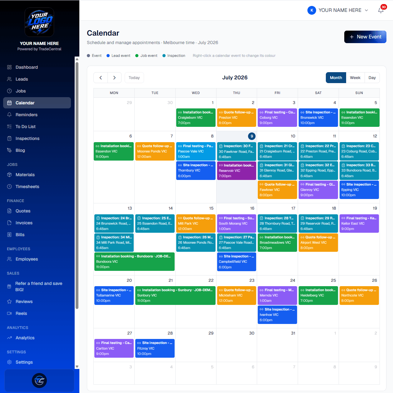 TradeCentral calendar for inspections, jobs and lead events